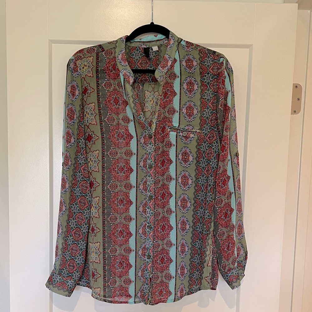 Kut from the cloth Womens Multi paisley print button down long sleeve shirt Sz L
